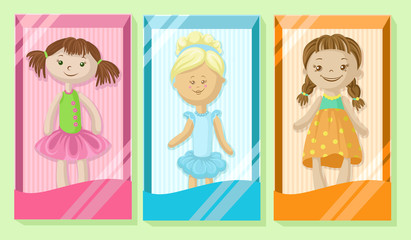 Cute dolls banners set, girls favorite toys, colorful posters with dolls cartoon vector Illustrations
