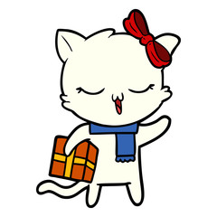 cartoon girl cat with christmas present