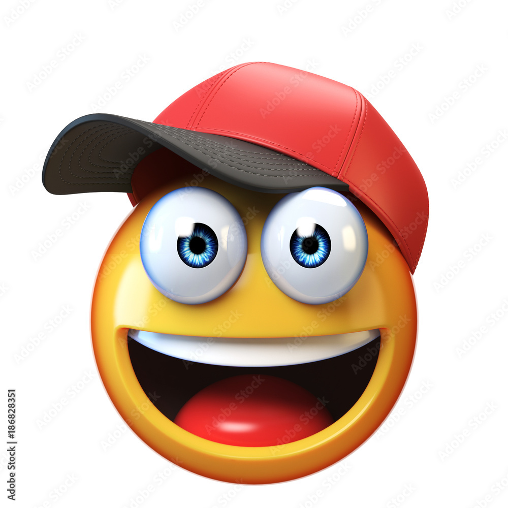 Wall mural smiling emoji wearing baseball cap isolated on white background, emoticon with hat 3d rendering