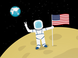 Astronaut on moon surface with US flag, vector