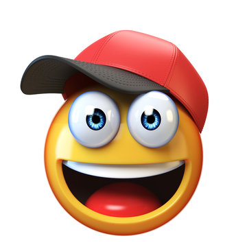 Smiling emoji wearing baseball cap isolated on white background, emoticon with hat 3d rendering