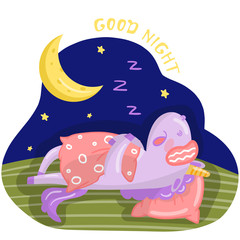 Funny cartoon unicorn character sleeping on the bed at night, Good night design element for cards, posters vector illustration