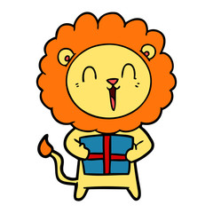 laughing lion cartoon with christmas present