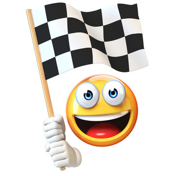 Emoji holding finish flag, emoticon waving black and white checker flag 3d rendering