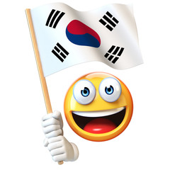 Emoji holding South Korean flag, emoticon waving national flag of South Korea 3d rendering