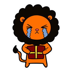 cartoon crying lion with gift