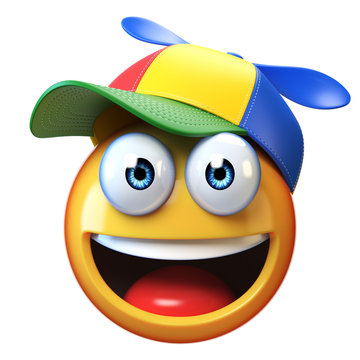 Smiling emoji wearing kid cap with propeller isolated on white background, emoticon with colorful hat 3d rendering