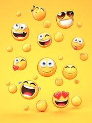 Various emojis on yellow background, 3d rendering