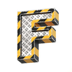 Industrial black and yellow striped metallic font, 3d rendering, letter F