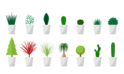 Set of Green plant in white pot for interior, vector