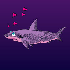 Cartoon character of shark with hearts shape bubbles, hand drawn doodle sketch, vector color illustration