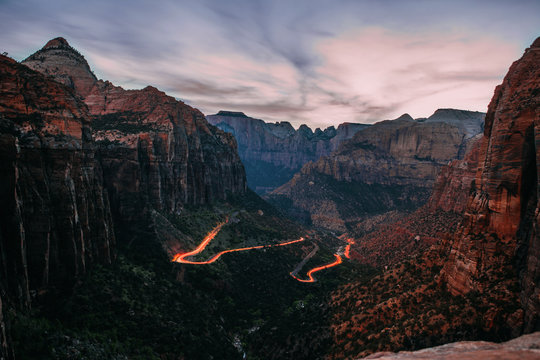 View of rocky mountains during sunset in Zion National Park 