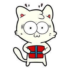 cartoon surprised cat with christmas present