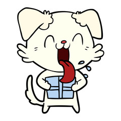 cartoon panting dog with present