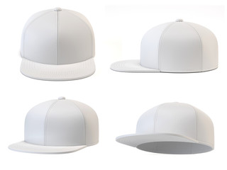 White snap back mock up, blank hat template, various views, isolated on white background 3d rendering