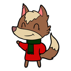 friendly cartoon wolf in winter clothes