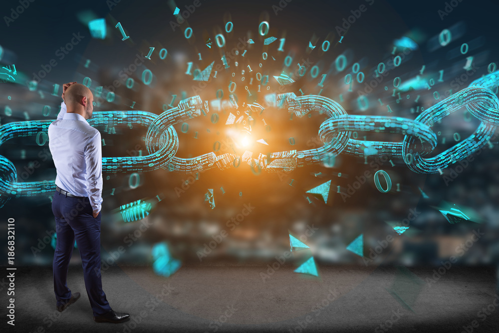 Poster businessman in front of a wall with weak link of a broken blockchain exploding - 3d render