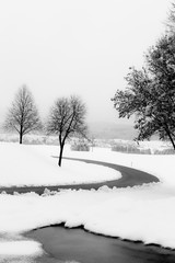 A curvy road in the midst of snow, with trees at the side