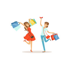 Young happy women having fun with shopping bags, girl shopping in a mall colorful vector illustration