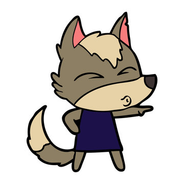 cartoon wolf girl whistling and pointing