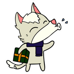 howling wolf with christmas present