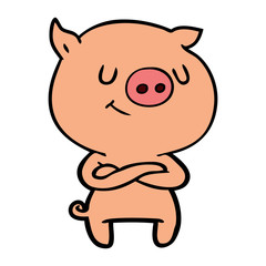 happy cartoon pig with crossed arms