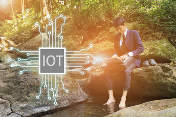 young business person and graphical user interface concept. Artificial Intelligence. Internet of Things. Information Communication Technology. Smart City. digital transformation.selective focus.