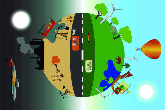 Environmental pollution illustration, comparative concept with clean and dirty earth, alternative energy source vector illustration