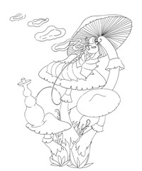 Caterpillar smokes a hookah on a mushroom. Fairytale Wonderland scenery.  Vintage vector illustration