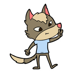 friendly cartoon wolf giving peace sign
