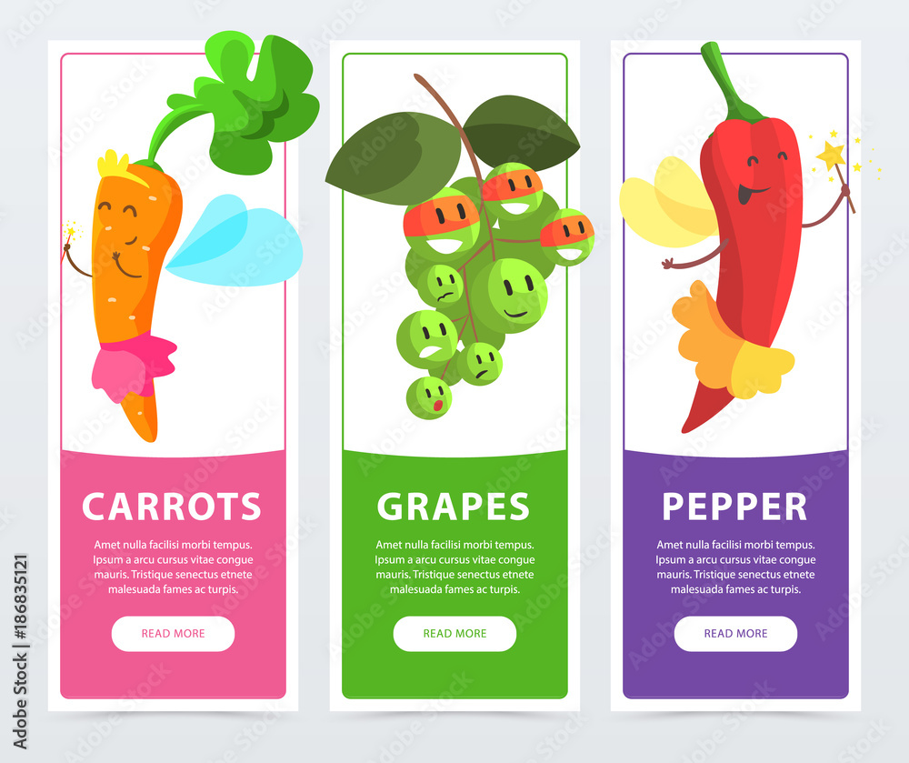 Sticker carrots, grapes, peppers banners set, funny fruits and vegetables characters cartoon vector elements