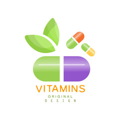 Vitamins logo template, herbal supplement, natural medicine vector Illustration