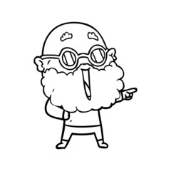cartoon joyful man with beard pointing finger