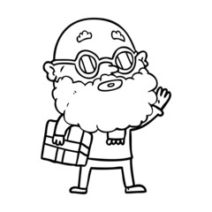 cartoon curious man with beard sunglasses and present