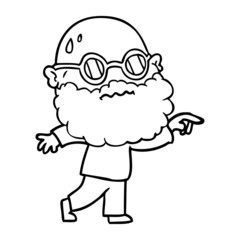 cartoon worried man with beard and spectacles pointing finger