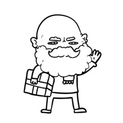 cartoon man with beard frowning with xmas gift