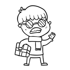 cartoon boy holding gift and wearing spectacles