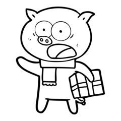 cartoon pig with christmas present