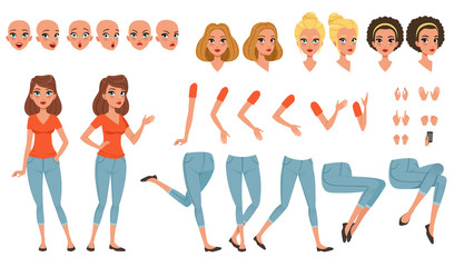 Young woman character creation set, girl with various views, faces, hairstyles, poses and gestures cartoon vector Illustrations