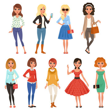 Set of attractive girls in fashionable casual clothes with accessories. Full-length of cartoon female characters with cheerful face expressions. Flat vector design