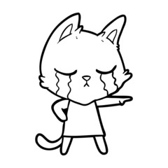 Obraz na płótnie Canvas crying cartoon cat in dress pointing