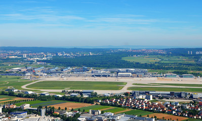 Aerial view of Stuttgart area with Stuttgart Airport (STR) on a sunny day