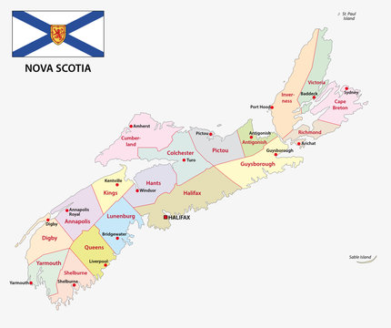 nova scotia administrative and political vector map with flag