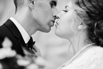 Close-up photo of romantic wedding couple kissing. Black and white photo.