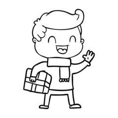 Fototapeta premium cartoon laughing man holding gift