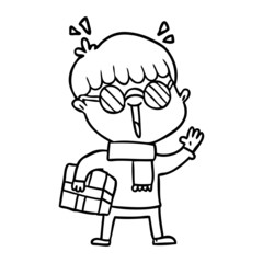 cartoon boy with parcel waving