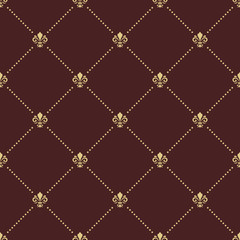 Seamless vector brown and golden pattern. Modern geometric ornament with royal lilies. Classic vintage background