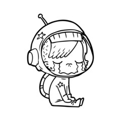 cartoon crying astronaut girl sitting
