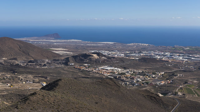 Panoramic views towards the south eastern coast of Tenerife island from Mirador La Centinela on a clear winter day, Canary Islands, Spain 
