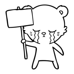 crying cartoon bear with sign post